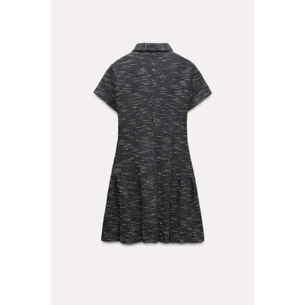 Zara Short Sleeve Collared Ruffle Hem Button-Up Tweed Mini Dress Navy White S - Picture 3 of 10